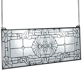 Stained Glass Window Panel, 35.2" x 13" Tiffany Style Hanging Transom Window Panel with Chain, Large Horizontal Rectangle Stain Glass, Vintage Traditi
