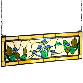 Stained Glass Window Panel, 35.2" x 13.1" Tiffany Style Hanging Transom Window Panel with Chain, Large Horizontal Rectangle Stain Glass, Vintage Tradi