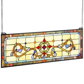 Stained Glass Window Panel, 32" x 11" Tiffany Style Hanging Transom Window Panel with Chain, Large Horizontal Rectangle Stain Glass, Vintage Tradition