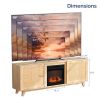 70" Oak Finish Low-Profile Fireplace TV Stand with 2 Doors & Rattan Front for 18" Insert