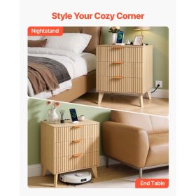 Fluted Nightstand With Charging Station, With 3 Drawers, Dresser For Bedroom, Mid Century Modern End Table, Bedside Storage Cabinet Side Table Ch (Option: Black)