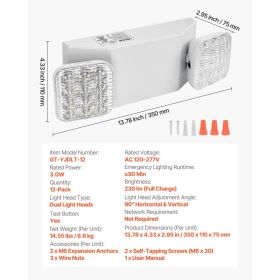 12 Pack Emergency Lights For Business, With Battery Backup, Commercial LED Emergency Exit Lighting Fixtures, AC 120/277V, With Two Square Head Ad (Option: Black)
